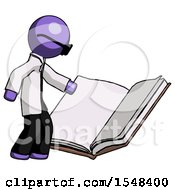 Poster, Art Print Of Purple Doctor Scientist Man Reading Big Book While Standing Beside It