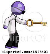 Poster, Art Print Of Purple Doctor Scientist Man With Big Key Of Gold Opening Something