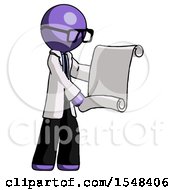 Purple Doctor Scientist Man Holding Blueprints Or Scroll