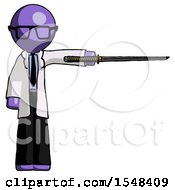 Purple Doctor Scientist Man Standing With Ninja Sword Katana Pointing Right