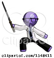 Purple Doctor Scientist Man With Ninja Sword Katana In Defense Pose