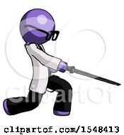Poster, Art Print Of Purple Doctor Scientist Man With Ninja Sword Katana Slicing Or Striking Something
