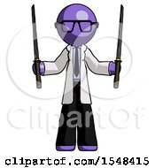 Purple Doctor Scientist Man Posing With Two Ninja Sword Katanas Up