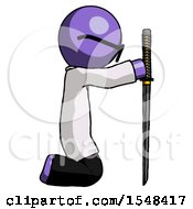 Poster, Art Print Of Purple Doctor Scientist Man Kneeling With Ninja Sword Katana Showing Respect