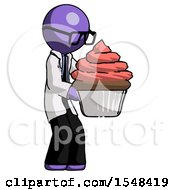 Poster, Art Print Of Purple Doctor Scientist Man Holding Large Cupcake Ready To Eat Or Serve