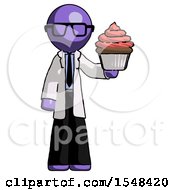Purple Doctor Scientist Man Presenting Pink Cupcake To Viewer