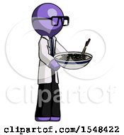 Purple Doctor Scientist Man Holding Noodles Offering To Viewer