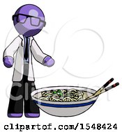 Poster, Art Print Of Purple Doctor Scientist Man And Noodle Bowl Giant Soup Restaraunt Concept