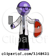 Poster, Art Print Of Purple Doctor Scientist Man Holding Large Steak With Butcher Knife