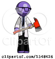 Poster, Art Print Of Purple Doctor Scientist Man Holding Red Fire Fighters Ax