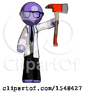 Poster, Art Print Of Purple Doctor Scientist Man Holding Up Red Firefighters Ax