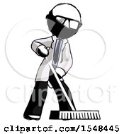 Poster, Art Print Of Ink Doctor Scientist Man Cleaning Services Janitor Sweeping Floor With Push Broom