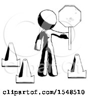 Poster, Art Print Of Ink Design Mascot Man Holding Stop Sign By Traffic Cones Under Construction Concept