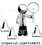 Poster, Art Print Of Ink Doctor Scientist Man Holding Stop Sign By Traffic Cones Under Construction Concept