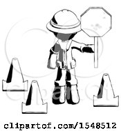 Poster, Art Print Of Ink Explorer Ranger Man Holding Stop Sign By Traffic Cones Under Construction Concept