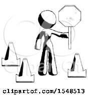 Poster, Art Print Of Ink Design Mascot Woman Holding Stop Sign By Traffic Cones Under Construction Concept