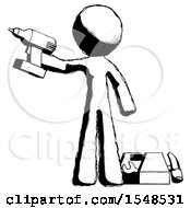 Poster, Art Print Of Ink Design Mascot Man Holding Drill Ready To Work Toolchest And Tools To Right