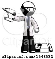 Poster, Art Print Of Ink Doctor Scientist Man Holding Drill Ready To Work Toolchest And Tools To Right