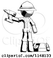 Poster, Art Print Of Ink Explorer Ranger Man Holding Drill Ready To Work Toolchest And Tools To Right
