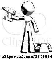 Poster, Art Print Of Ink Design Mascot Woman Holding Drill Ready To Work Toolchest And Tools To Right