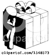 Ink Design Mascot Man Leaning On Gift With Red Bow Angle View