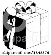 Ink Design Mascot Woman Leaning On Gift With Red Bow Angle View