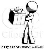 Ink Design Mascot Woman Presenting A Present With Large Red Bow On It