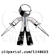 Poster, Art Print Of Ink Doctor Scientist Man Two Sword Defense Pose