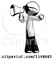 Poster, Art Print Of Ink Doctor Scientist Man Shouting Into Megaphone Bullhorn Facing Left