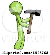 Poster, Art Print Of Green Design Mascot Man Hammering Something On The Right