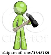 Green Design Mascot Man Holding Hammer Ready To Work