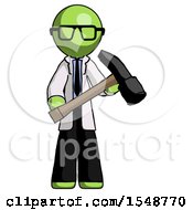 Poster, Art Print Of Green Doctor Scientist Man Holding Hammer Ready To Work