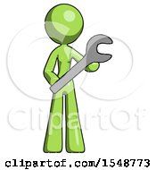 Green Design Mascot Woman Holding Large Wrench With Both Hands