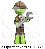 Poster, Art Print Of Green Explorer Ranger Man Holding Large Wrench With Both Hands