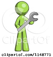 Green Design Mascot Man Holding Large Wrench With Both Hands