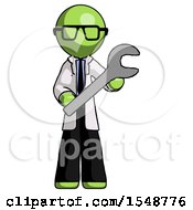 Green Doctor Scientist Man Holding Large Wrench With Both Hands