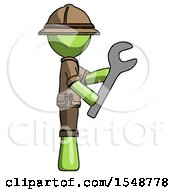 Poster, Art Print Of Green Explorer Ranger Man Using Wrench Adjusting Something To Right