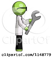 Poster, Art Print Of Green Doctor Scientist Man Using Wrench Adjusting Something To Right
