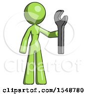 Green Design Mascot Woman Holding Wrench Ready To Repair Or Work