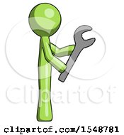 Green Design Mascot Man Using Wrench Adjusting Something To Right