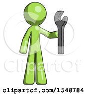 Green Design Mascot Man Holding Wrench Ready To Repair Or Work