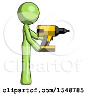 Green Design Mascot Woman Using Drill Drilling Something On Right Side