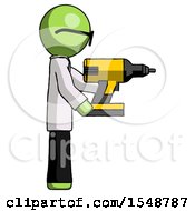 Green Doctor Scientist Man Using Drill Drilling Something On Right Side