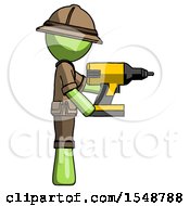 Poster, Art Print Of Green Explorer Ranger Man Using Drill Drilling Something On Right Side