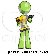Poster, Art Print Of Green Design Mascot Woman Holding Large Drill
