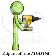 Green Design Mascot Man Using Drill Drilling Something On Right Side