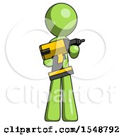 Green Design Mascot Man Holding Large Drill
