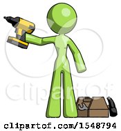 Poster, Art Print Of Green Design Mascot Woman Holding Drill Ready To Work Toolchest And Tools To Right