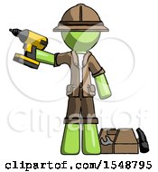 Poster, Art Print Of Green Explorer Ranger Man Holding Drill Ready To Work Toolchest And Tools To Right