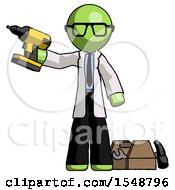 Green Doctor Scientist Man Holding Drill Ready To Work Toolchest And Tools To Right